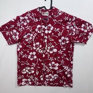 VTG Hilo Hattie Hawaiian Shirt Men M L Red Hibiscus Plumeria Aloha Cruise‎ Shirt